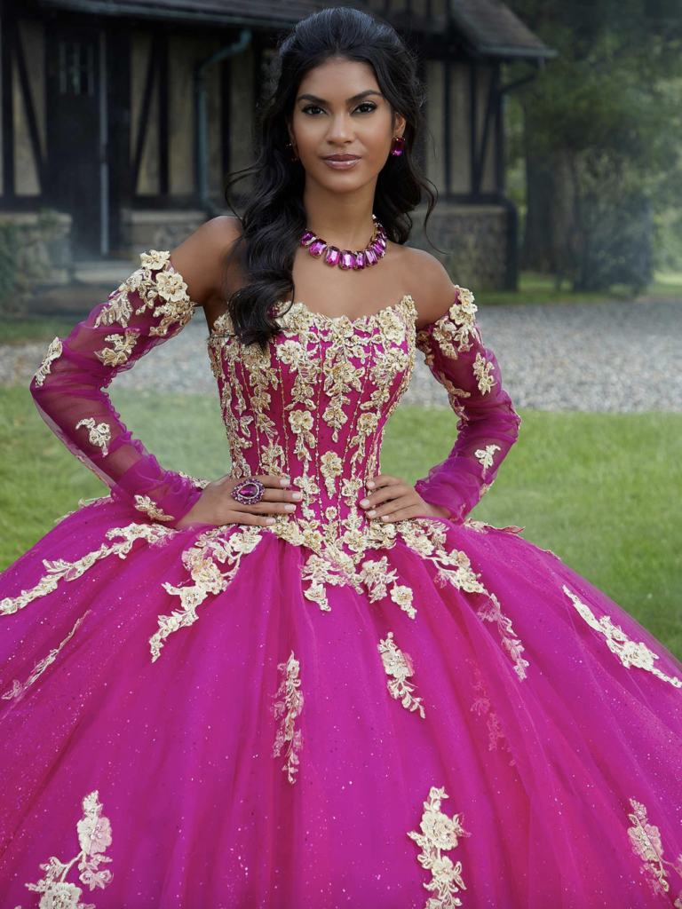 hot pink quinceanera dress with gold details