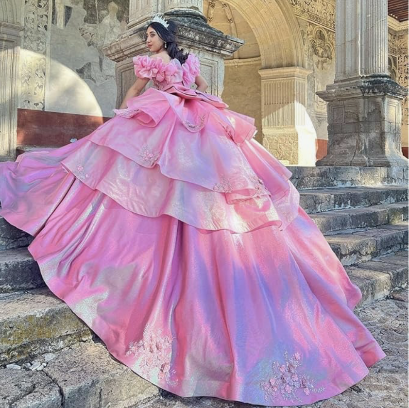 iridescent hot pink quinceanera dress with layered train