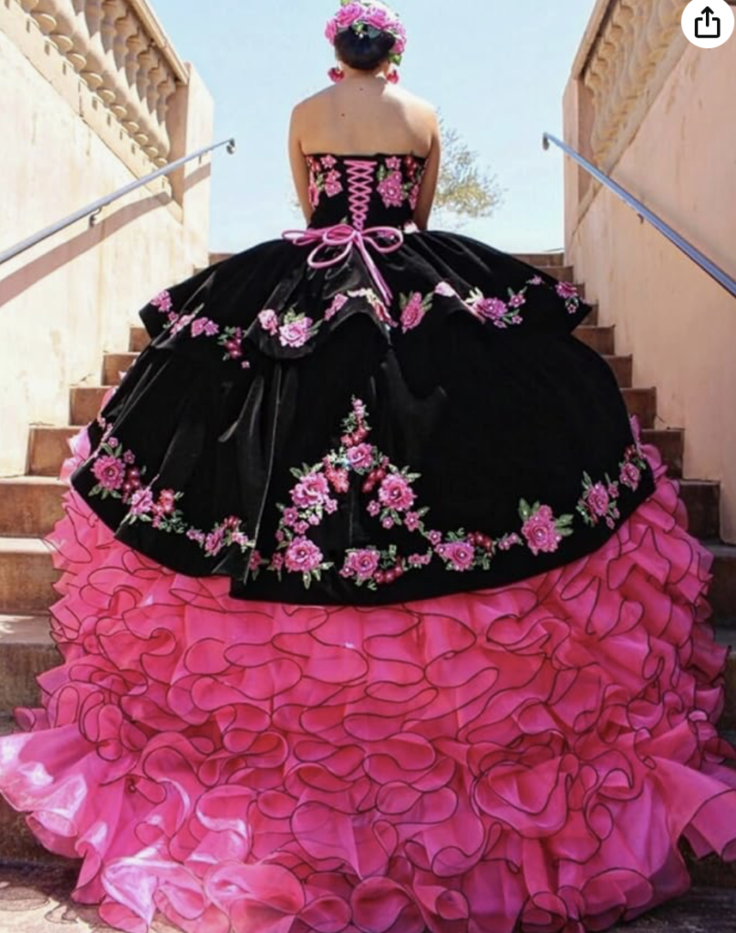 hot pink quinceanera with black velvet bustle