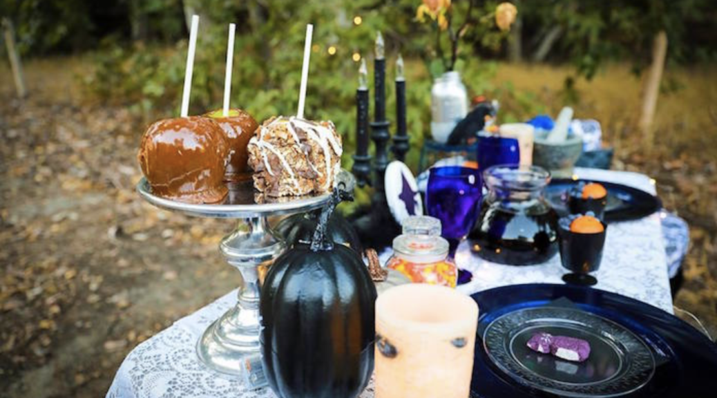 outdoor halloween themed tea party with caramel apples