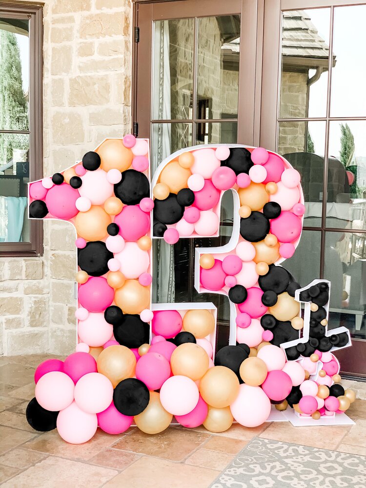 age 13 black pink balloon display