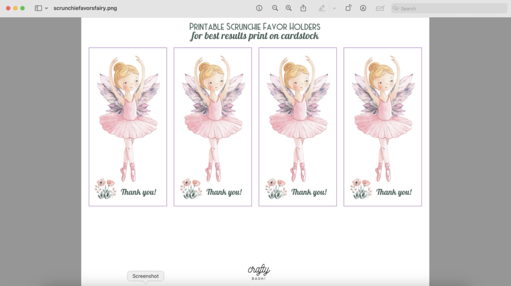 free printable fairy scrunchie favor card